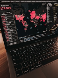 A laptop displays a global map visualization of COVID-19 cases, showing data from various countries. The left panel lists confirmed cases by country, with China having the highest count. The right panel displays the total number of deaths and recovered cases. Circles of varying sizes on the map indicate the concentration of cases in different regions.