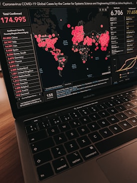 A laptop displays a global map visualization of COVID-19 cases, showing data from various countries. The left panel lists confirmed cases by country, with China having the highest count. The right panel displays the total number of deaths and recovered cases. Circles of varying sizes on the map indicate the concentration of cases in different regions.