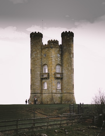 A stone tower with two round turrets stands prominently against a cloudy sky. The structure features arched windows and a central area connecting the turrets. In the foreground, a few people and a dog are visible near the base of the tower, with a wooden fence and some sparse vegetation on grassy terrain.