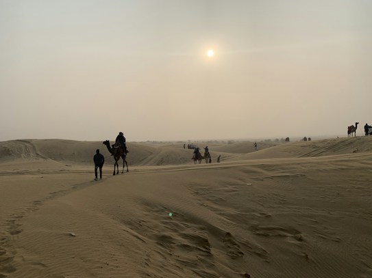 A vast desert landscape with rolling sand dunes under a hazy sky. Several camels, some with riders, are dispersed across the scene, with the sun partially obscured by thin clouds, casting a warm glow. The scene includes a few people on foot and the terrain is mostly barren.