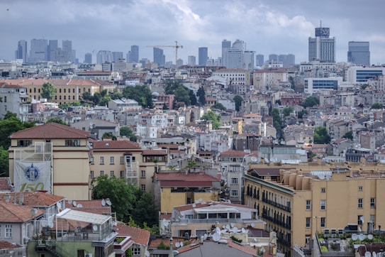 A sprawling cityscape with a dense congregation of buildings of varying heights. The architecture is a mix of modern and traditional styles, characterized by flat and red-tiled roofs. In the background, a skyline of modern skyscrapers is partially obscured by a cloudy sky. Vegetation, mostly trees, is interspersed between the buildings, providing patches of green.