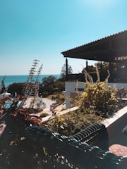 A serene outdoor scene showing a well-maintained patio protected from rain.