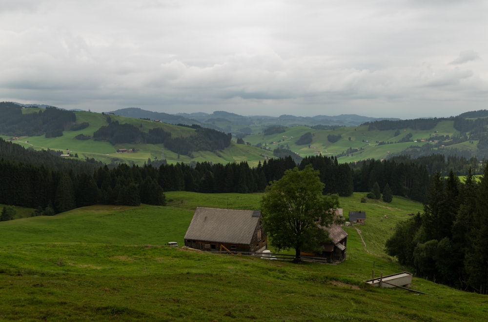 brown wooden house on green grass field near green trees and mountains during daytime