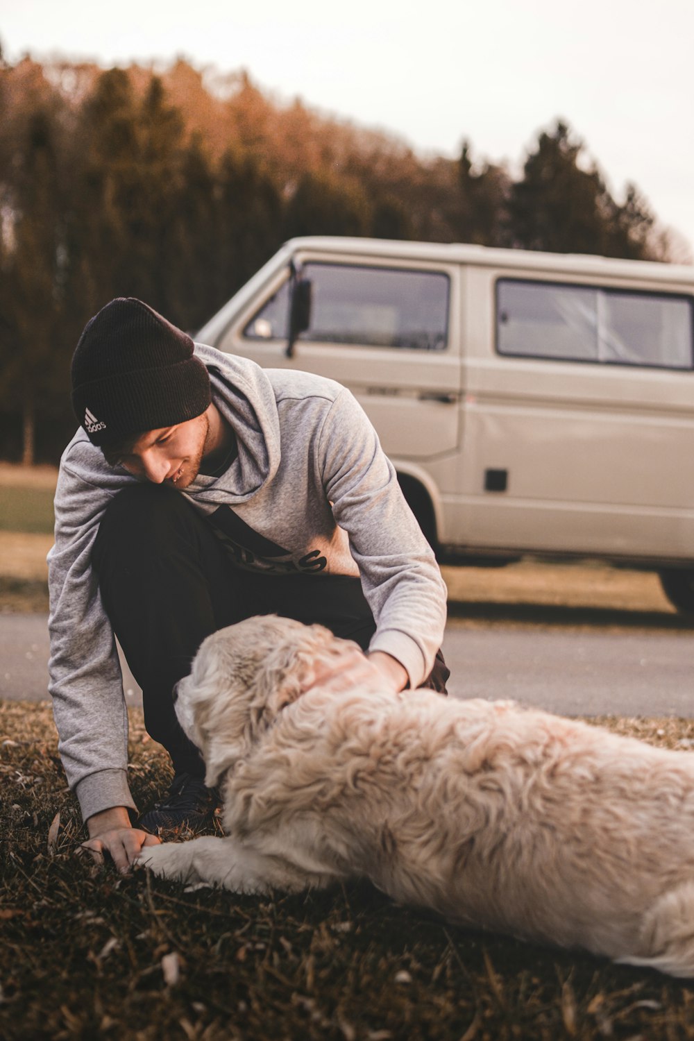 man in gray hoodie and black pants sitting on road beside white long coated dog during