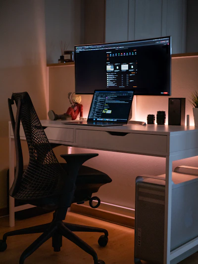 A sleek, modern workspace featuring cybresa's smart desk accessories under soft ambient lighting.