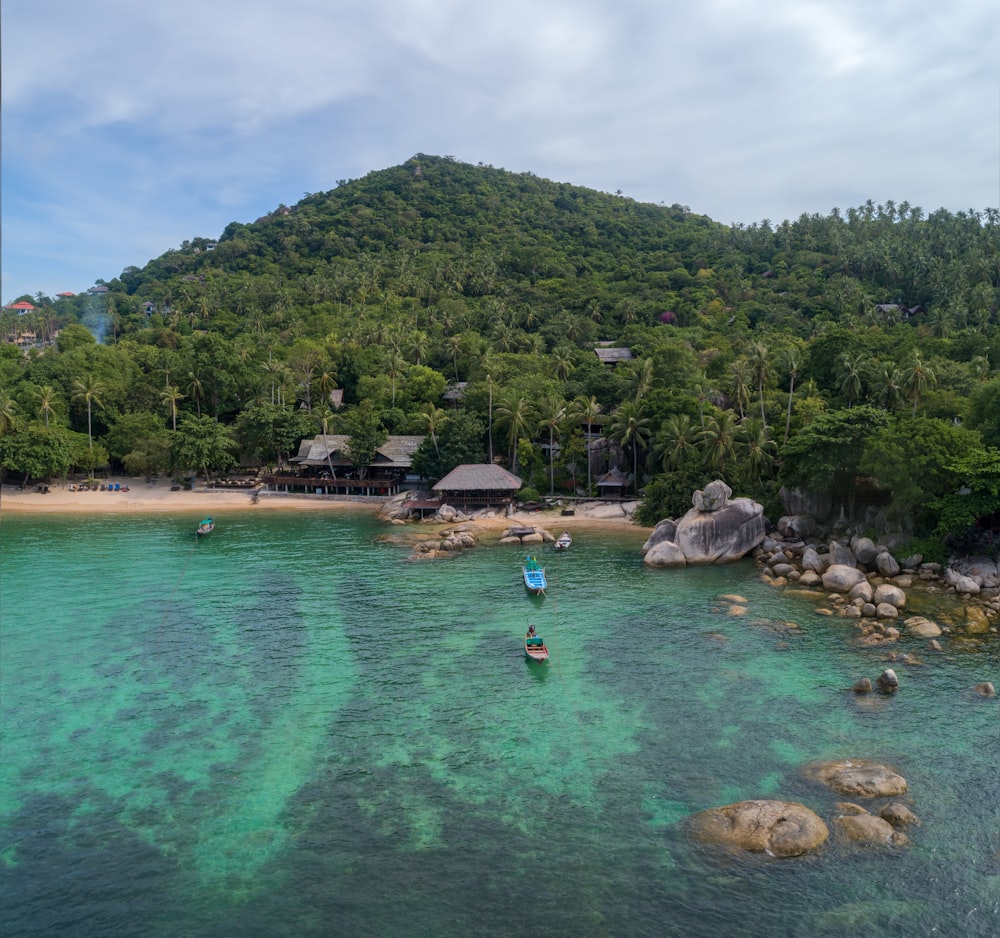 people swimming on blue sea near green mountain under white clouds and blue sky during daytime