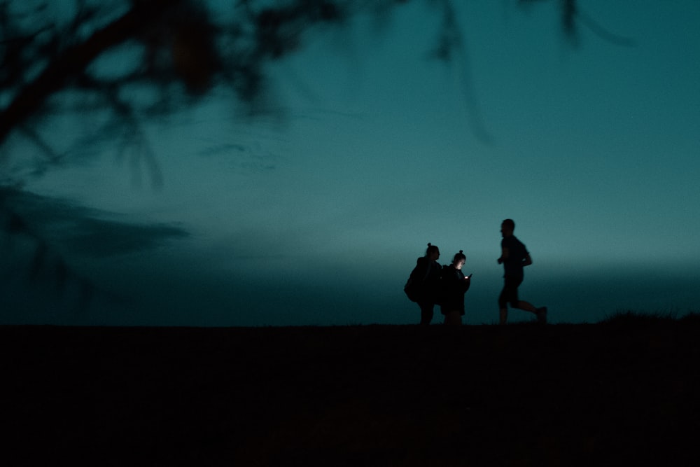 silhouette of 3 men standing on ground during night time