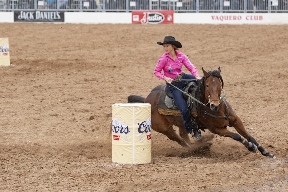 woman in pink shirt riding brown horse during daytime