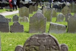 Our specialist carefully cleaning a weathered gravestone surrounded by lush green grass.