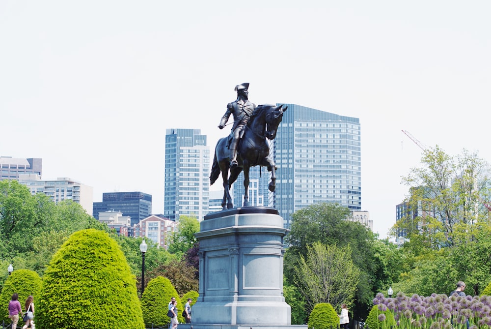 black horse statue near green trees and buildings during daytime