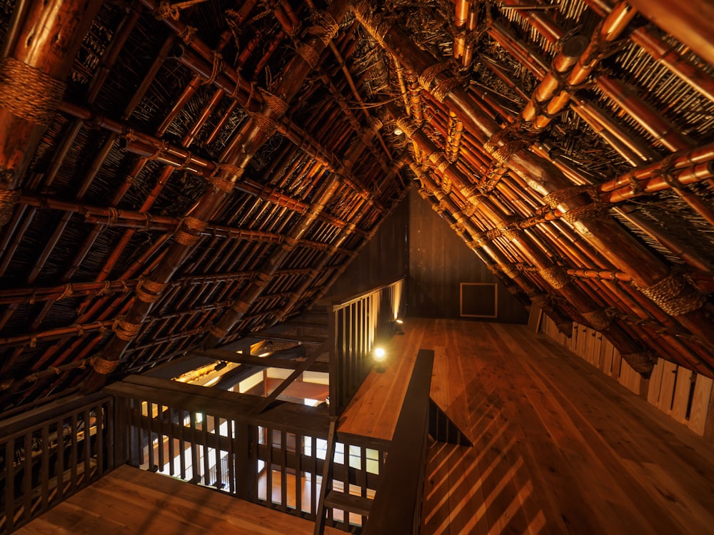 brown wooden ceiling with light fixture