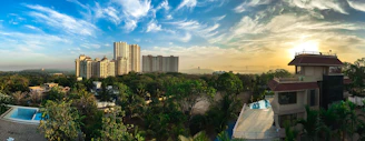 A panoramic view of the Vivanta Township under bright morning light, showcasing green spaces and modern homes.
