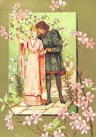 A vintage illustration depicting a man and a woman dressed in period clothing, walking along a path surrounded by blooming flowers and lush greenery. The woman is wearing a long, flowing pink dress with a high collar and intricate patterns, while the man is clad in a dark, ornate tunic. Delicate pink flowers and green leaves embellish the border of the image, creating a whimsical and romantic atmosphere.
