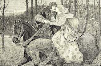 man and woman sitting on horse painting