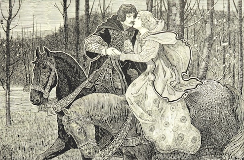 man and woman sitting on horse painting