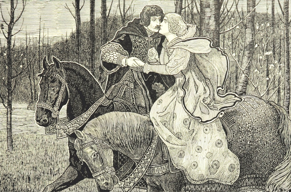 man and woman sitting on horse painting