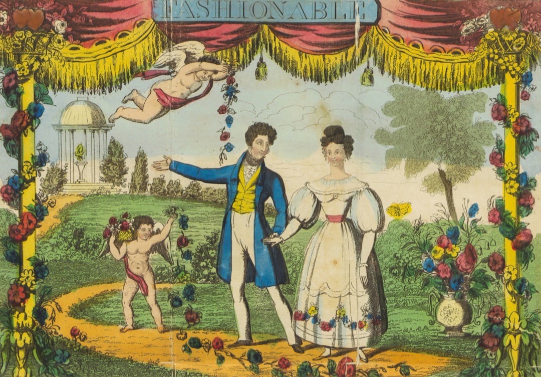 woman in white dress standing beside man in blue dress painting, Valentine