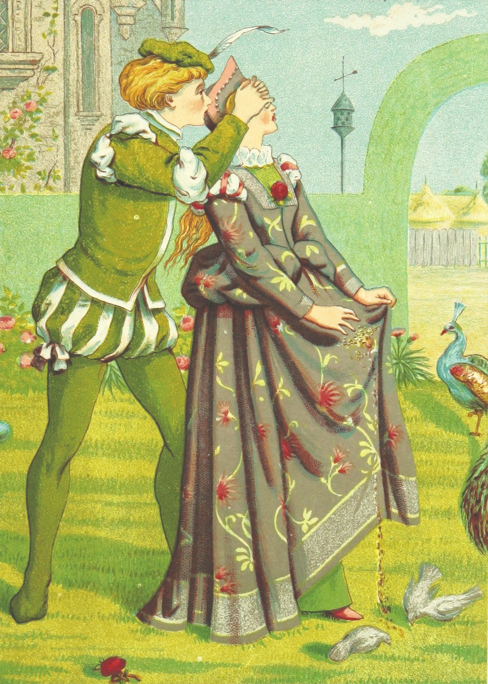 man in green and brown dress holding a woman in red dress painting