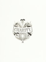 An elegant emblem featuring the word 'Charity' at its center, surrounded by detailed floral designs and a heart-shaped symbol containing a cross. The composition is monochromatic and appears classic and intricate.
