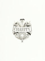 An elegant emblem featuring the word 'Charity' at its center, surrounded by detailed floral designs and a heart-shaped symbol containing a cross. The composition is monochromatic and appears classic and intricate.