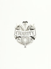 An elegant emblem featuring the word 'Charity' at its center, surrounded by detailed floral designs and a heart-shaped symbol containing a cross. The composition is monochromatic and appears classic and intricate.