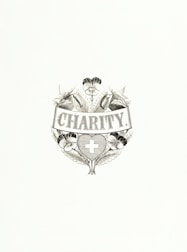 An elegant emblem featuring the word 'Charity' at its center, surrounded by detailed floral designs and a heart-shaped symbol containing a cross. The composition is monochromatic and appears classic and intricate.