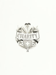 An elegant emblem featuring the word 'Charity' at its center, surrounded by detailed floral designs and a heart-shaped symbol containing a cross. The composition is monochromatic and appears classic and intricate.