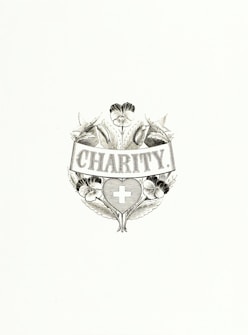 An elegant emblem featuring the word 'Charity' at its center, surrounded by detailed floral designs and a heart-shaped symbol containing a cross. The composition is monochromatic and appears classic and intricate.