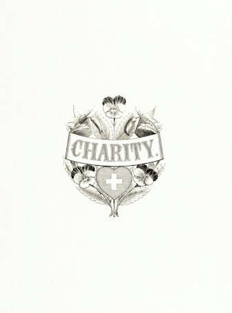 An elegant emblem featuring the word 'Charity' at its center, surrounded by detailed floral designs and a heart-shaped symbol containing a cross. The composition is monochromatic and appears classic and intricate.