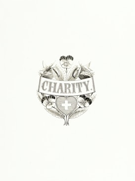 An elegant emblem featuring the word 'Charity' at its center, surrounded by detailed floral designs and a heart-shaped symbol containing a cross. The composition is monochromatic and appears classic and intricate.