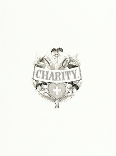 An elegant emblem featuring the word 'Charity' at its center, surrounded by detailed floral designs and a heart-shaped symbol containing a cross. The composition is monochromatic and appears classic and intricate.