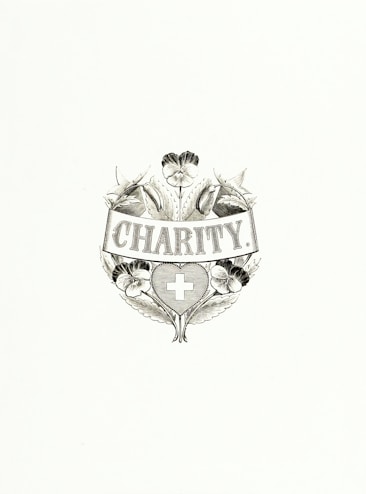 An elegant emblem featuring the word 'Charity' at its center, surrounded by detailed floral designs and a heart-shaped symbol containing a cross. The composition is monochromatic and appears classic and intricate.