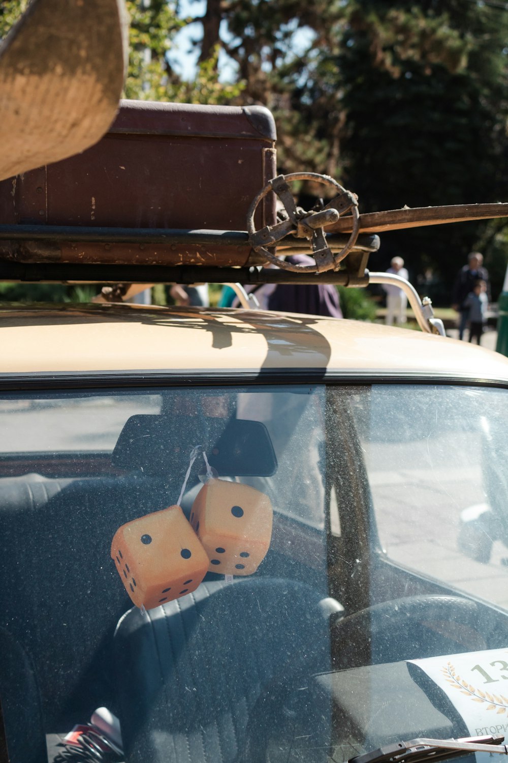 blue and white polka dot car door