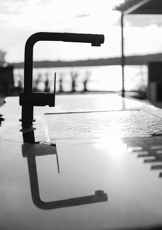 A black and white image featuring a modern faucet with its reflection on a wet surface. The background shows an out-of-focus landscape with water and foliage, indicating an outdoor setting. The sunlight reflects off the surface, creating a bright and serene atmosphere.