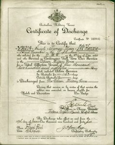 A formal document titled 'Certificate of Discharge' from the Australian Military Forces. It contains printed and handwritten text certifying the discharge of a private, along with dates, service details, and signatures. The background is a light, aged paper, with a green border and an emblem at the top center.
