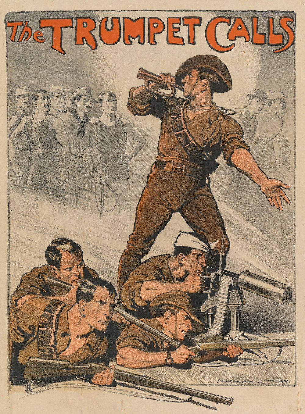 Hombre con chaqueta de cuero marrón y pantalones marrones sosteniendo rifle