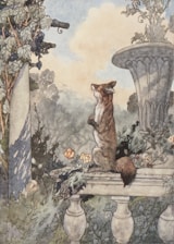 A fox is sitting upright on a stone bench in a lush garden, surrounded by plants and flowers. Vines with ripe grapes hang from a nearby column. The scene is painted in soft, muted colors, suggesting a serene atmosphere.