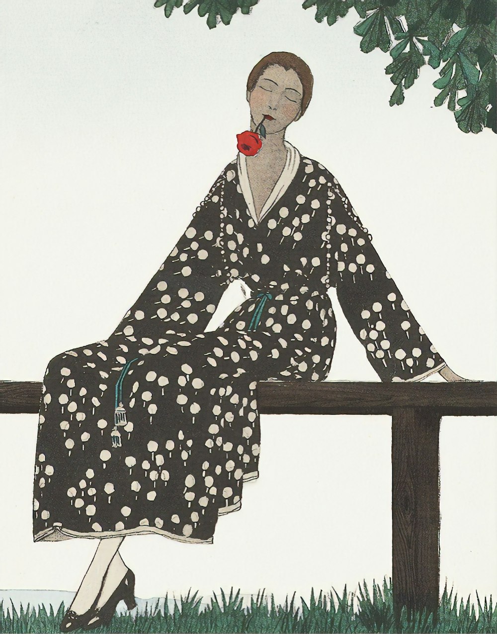 갈색 나무 벤치에 앉아 흑백 꽃 가운을 입은 여자
