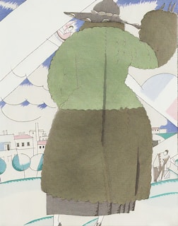 A stylized illustration features a person wearing a large green coat and a wide-brimmed hat, standing outdoors with a calm, minimalist cityscape in the background. The person is facing away, showcasing the textured back of the coat. The sky is partly cloudy with abstract cloud formations.