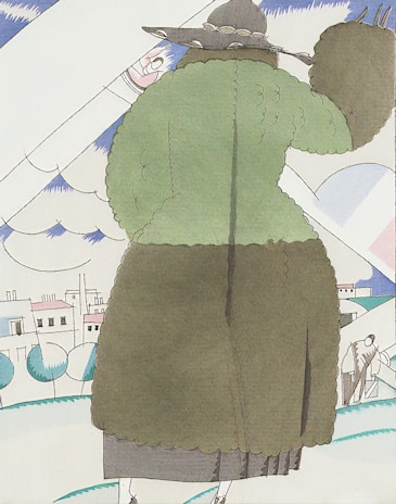 A stylized illustration features a person wearing a large green coat and a wide-brimmed hat, standing outdoors with a calm, minimalist cityscape in the background. The person is facing away, showcasing the textured back of the coat. The sky is partly cloudy with abstract cloud formations.