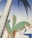 A stylized illustration featuring a large palm tree with a textured trunk and broad green leaves set against a gradient blue sky. The background includes abstract representations of buildings with geometric shapes and subtle architectural details.