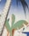 A stylized illustration featuring a large palm tree with a textured trunk and broad green leaves set against a gradient blue sky. The background includes abstract representations of buildings with geometric shapes and subtle architectural details.
