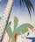 A stylized illustration featuring a large palm tree with a textured trunk and broad green leaves set against a gradient blue sky. The background includes abstract representations of buildings with geometric shapes and subtle architectural details.