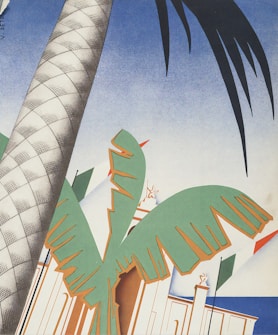 A stylized illustration featuring a large palm tree with a textured trunk and broad green leaves set against a gradient blue sky. The background includes abstract representations of buildings with geometric shapes and subtle architectural details.