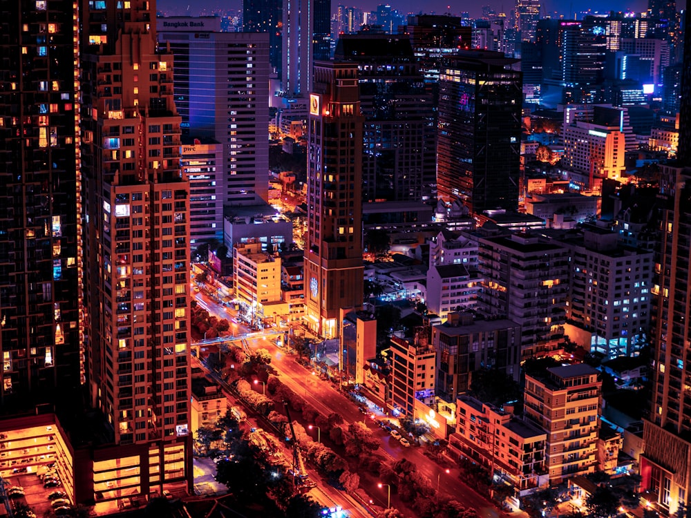 aerial view of city buildings during night time