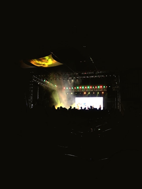 A dark concert or performance venue with a stage lit by vibrant green and red lights. There is a large screen displaying bright visuals above a crowd of silhouettes. Smoke or stage fog partially obscures some areas, creating a dramatic atmosphere.