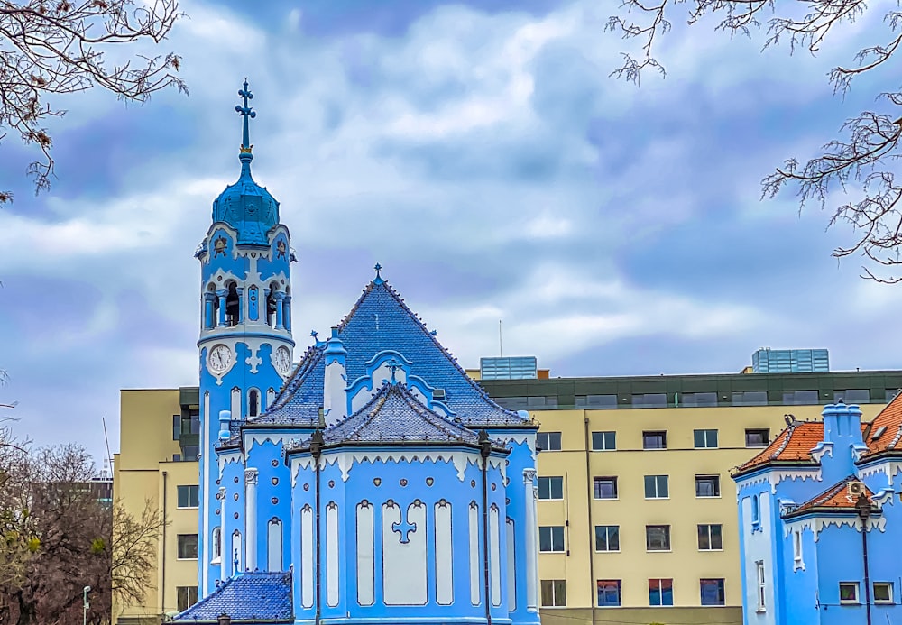 blue and white concrete building under cloudy sky during daytime