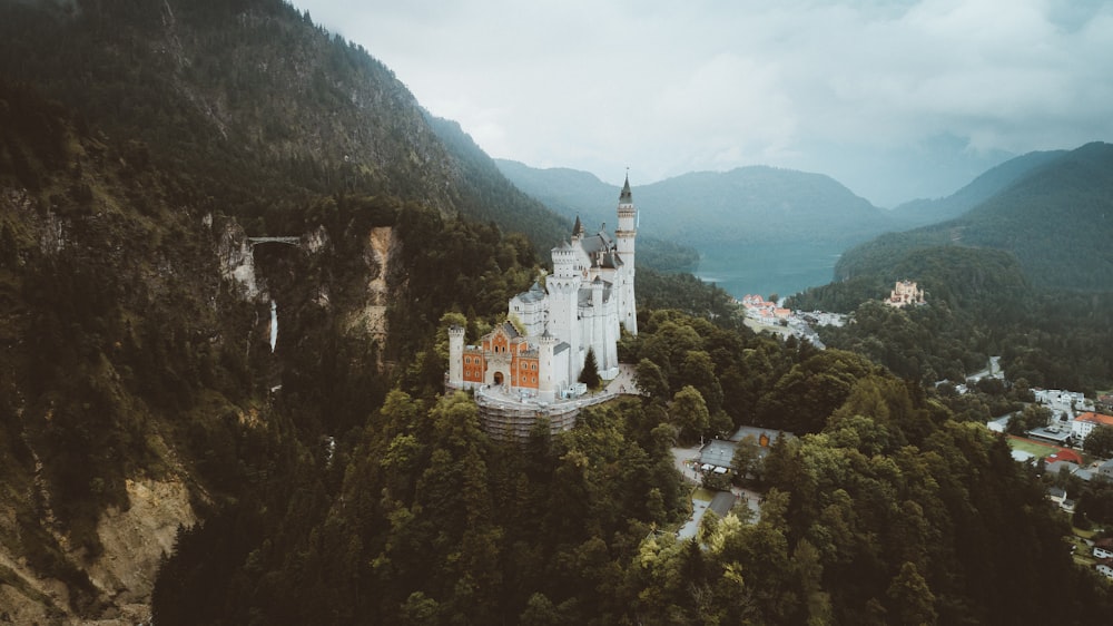 white and brown castle on top of mountain