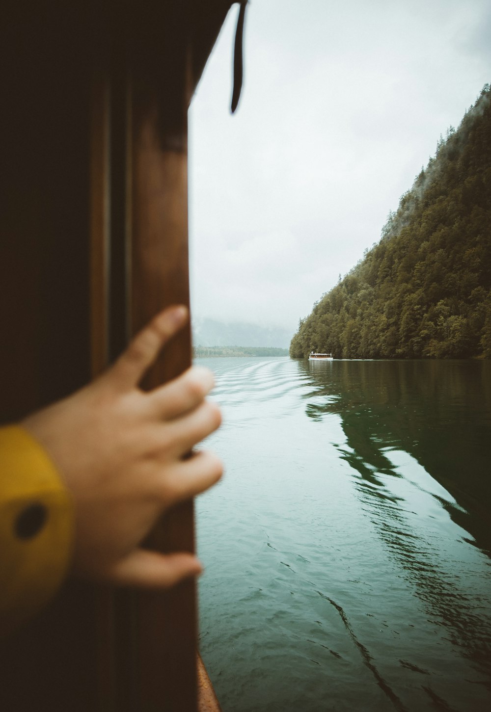 person holding brown wooden framed glass window