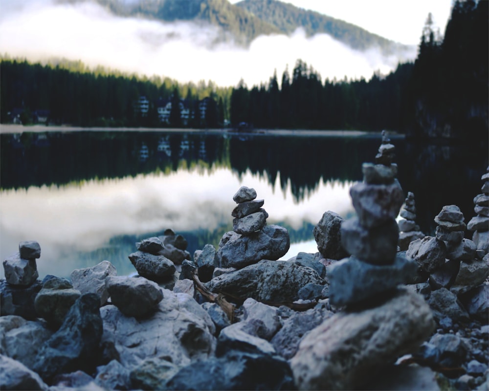 Rocas grises en el lago durante el día